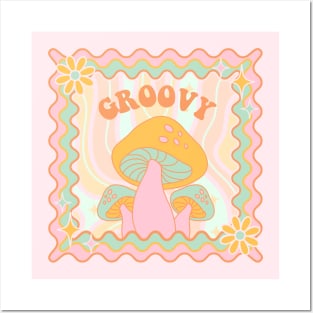 Retro Groovy Quote with Mushrooms and Flowers Posters and Art